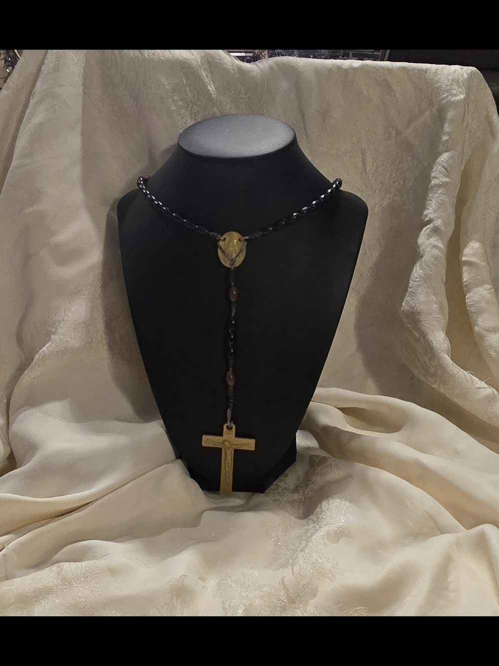 Gold Cross Rosary Necklace with Black Beads